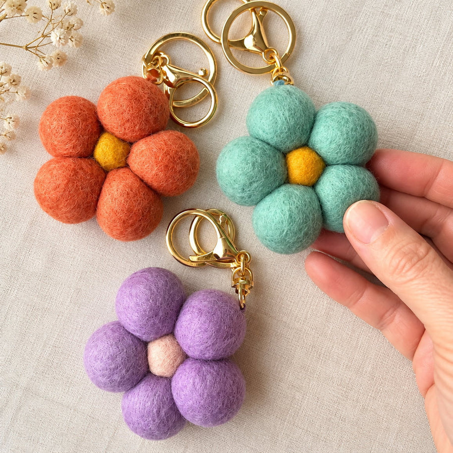 Turquoise Felt Flower Keychain attached to bag