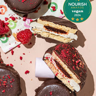 Raspberry Love Wheel chocolate-coated biscuit with raspberry jam and marshmallow filling.