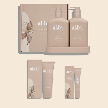al.ive body Apricot and Sweet Fig Bundle with hand cream wash lotion duo and lip butter