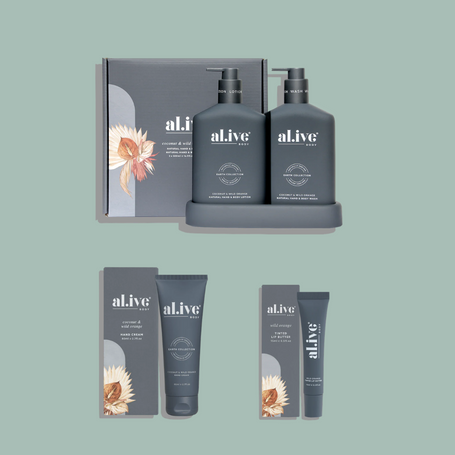 al.ive body Coconut and Wild Orange Bundle with hand cream wash lotion duo and lip butter
