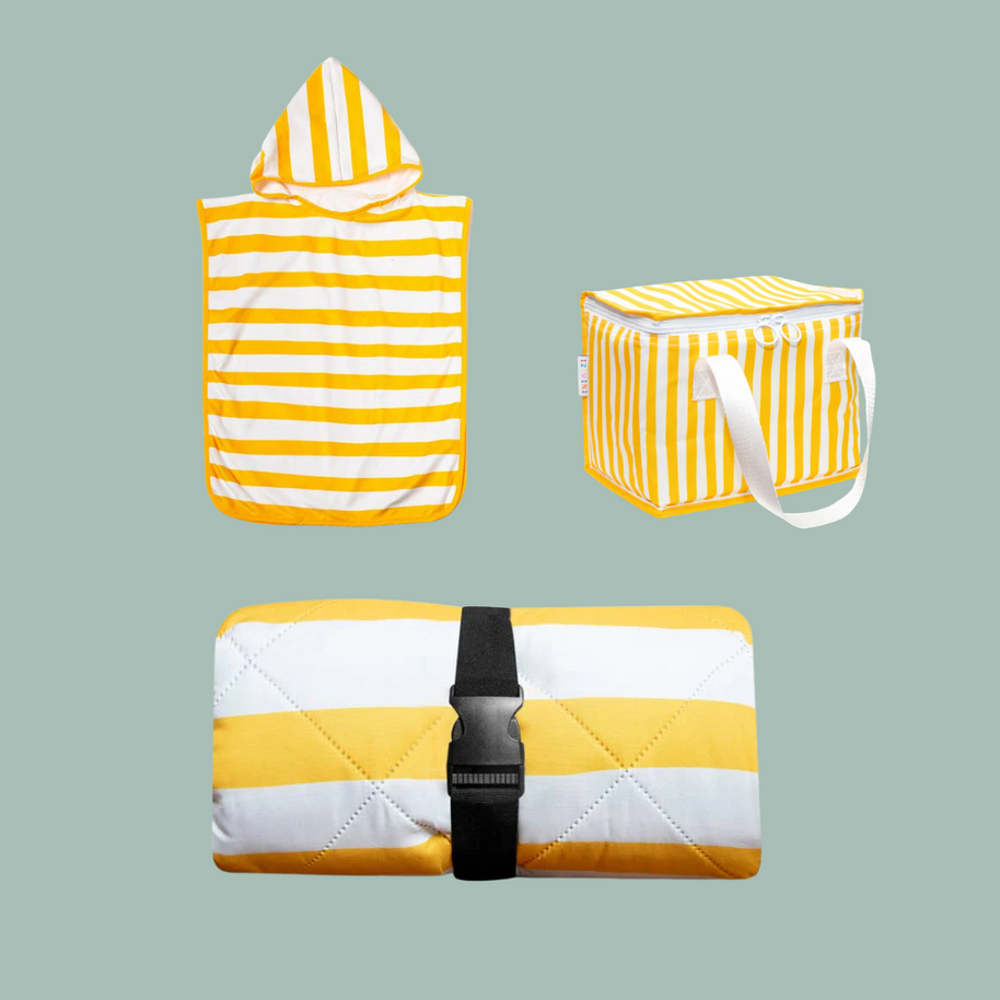 Izimini Brighton Picnic and Play Bundle with lunch bag picnic rug and beach poncho in yellow stripe