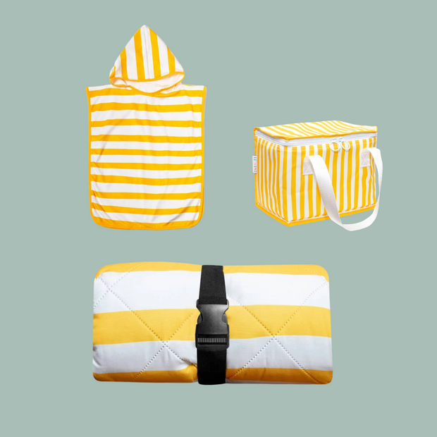 Izimini Brighton Picnic and Play Bundle with lunch bag picnic rug and beach poncho in yellow stripe