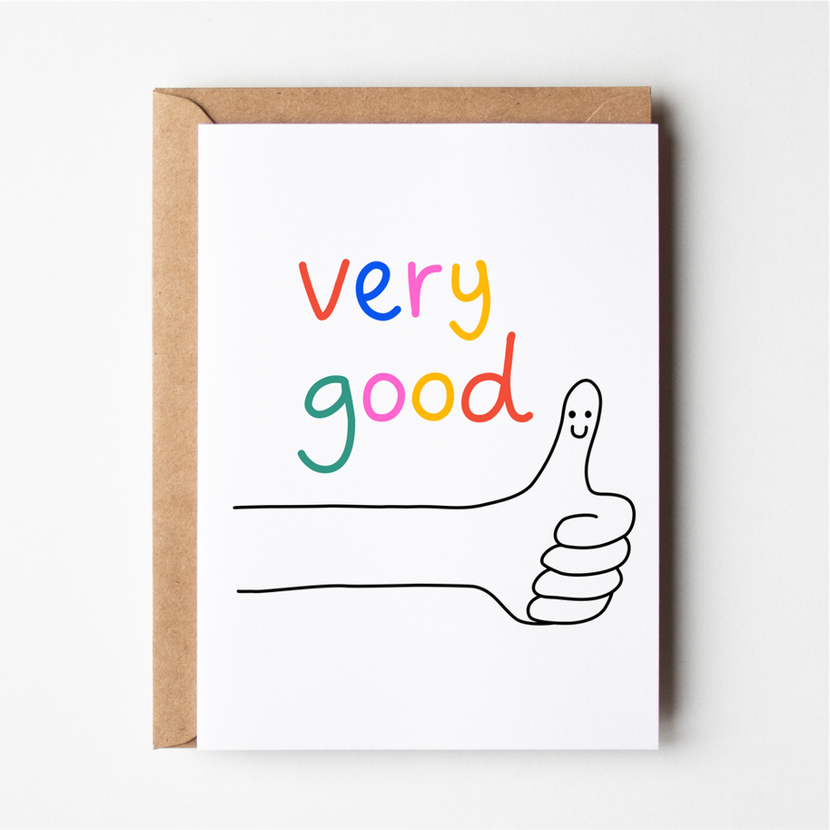 Friends of Henry Very Good card with colourful text and smiling thumbs-up illustration