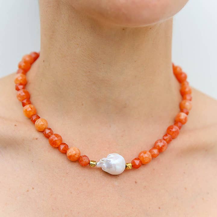 Vibrant orange faceted quartz beaded necklace with keshi pearl centrepiece and gold accents