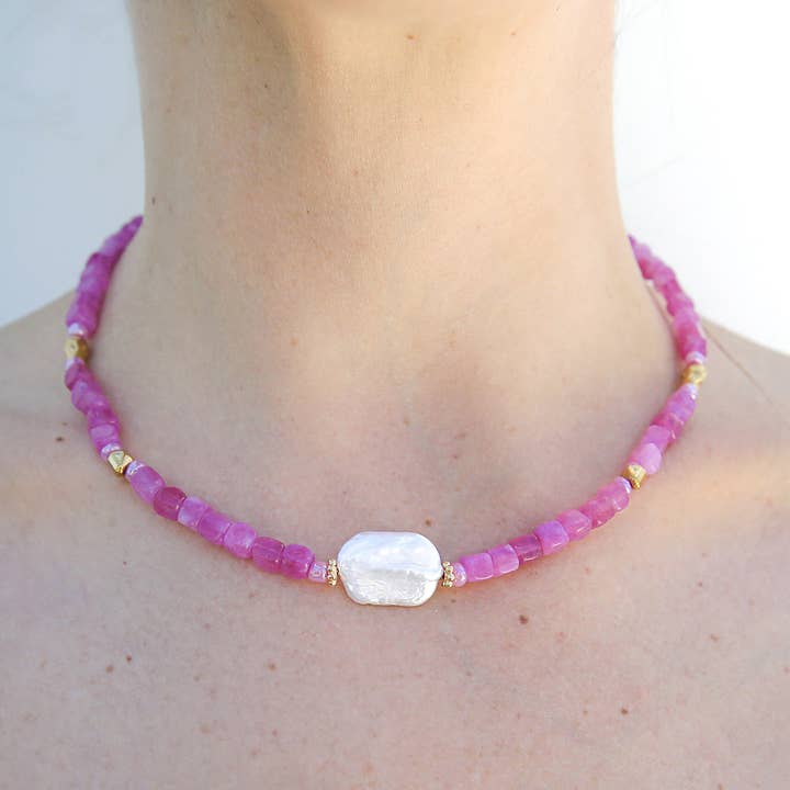 Vibrant pink gemstone and freshwater pearl beaded necklace with gold accents