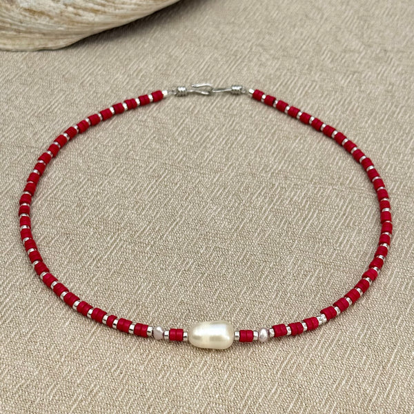Warm coral semi-precious stone pendant necklace with pearl