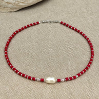 Warm coral semi-precious stone pendant necklace with pearl