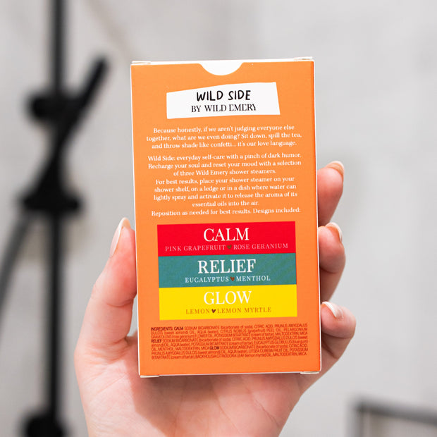 Three Wild Emery shower steamers: Calm, Relief and Glow