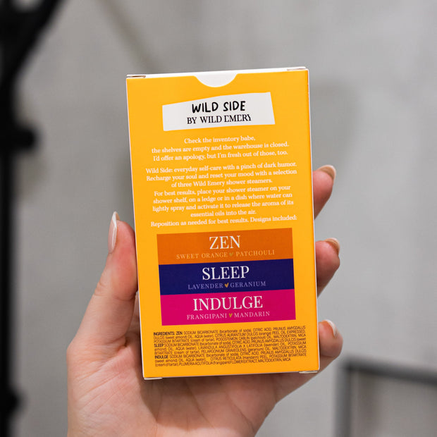 Three Wild Emery shower steamers: Zen, Sleep and Indulge