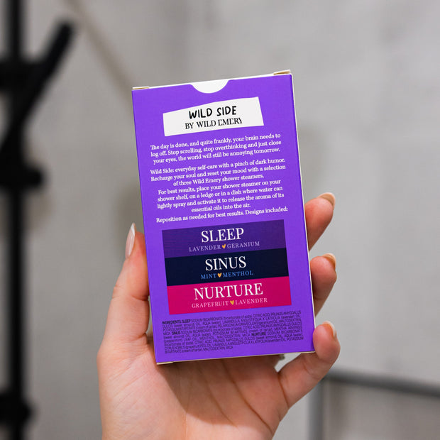 Three Wild Emery shower steamers: Sleep, Sinus and Nurture
