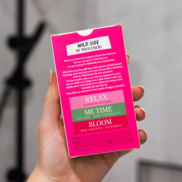 Three Wild Emery shower steamers: Relax, Me Time and Bloom