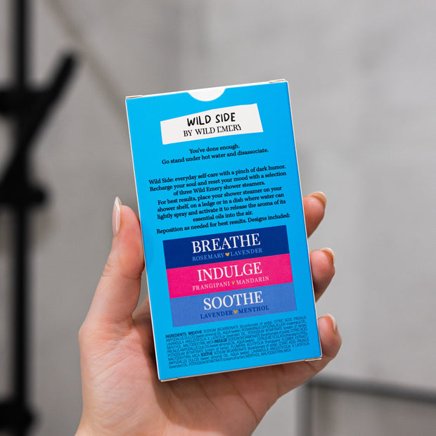 Three Wild Emery shower steamers: Breathe, Indulge and Soothe