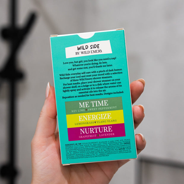 Three Wild Emery shower steamers: Me Time, Energize and Nurture