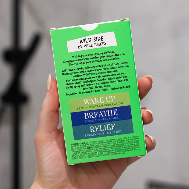 Three Wild Emery shower steamers: Wake Up, Breathe and Relief