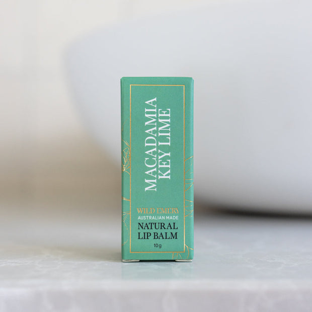 Wild Emery Macadamia Key Lime Natural Lip Balm in eco-friendly cardboard tube