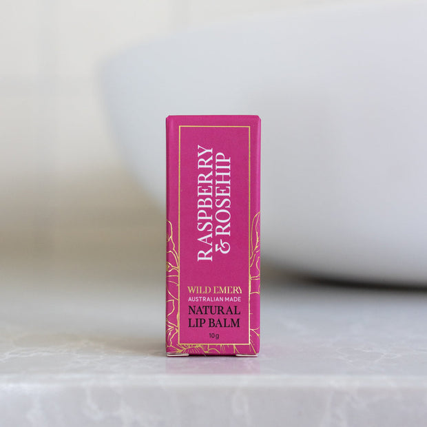 Wild Emery Raspberry & Rosehip Natural Lip Balm in cardboard eco-tube