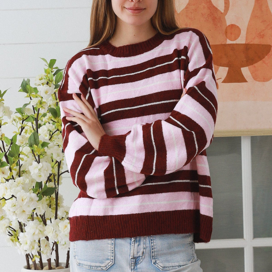 Wine Pink Stripe Knit Sweater relaxed fit crew neck