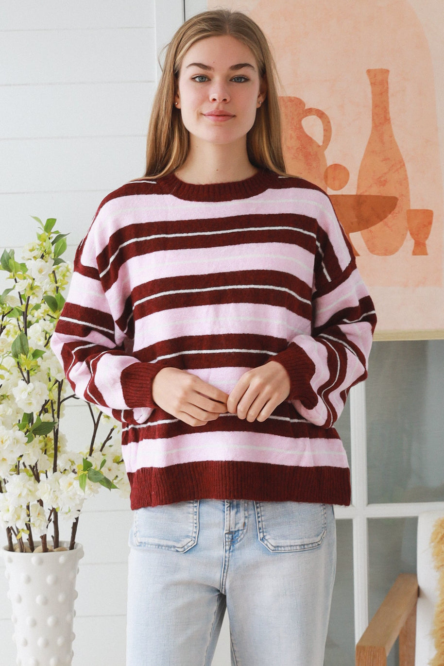 Wine and pink striped women's knit jumper in acrylic wool blend