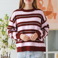 Wine and pink striped women's knit jumper in acrylic wool blend