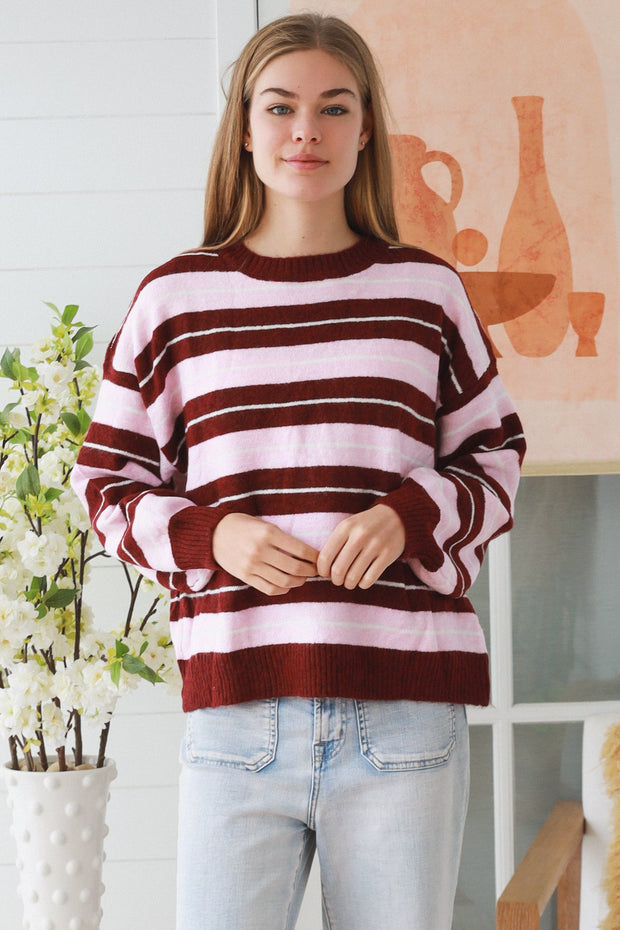Wine and pink striped women's knit jumper in acrylic wool blend
