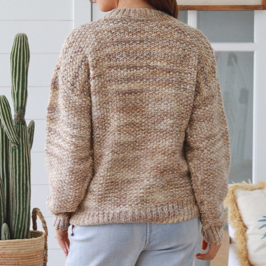 Women's acrylic wool blend cable knit sweater in camel