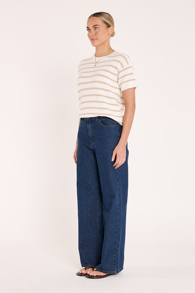 Womens relaxed fit stripe knitted tee with scoop neckline and side splits