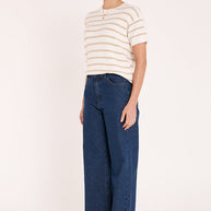 Womens relaxed fit stripe knitted tee with scoop neckline and side splits