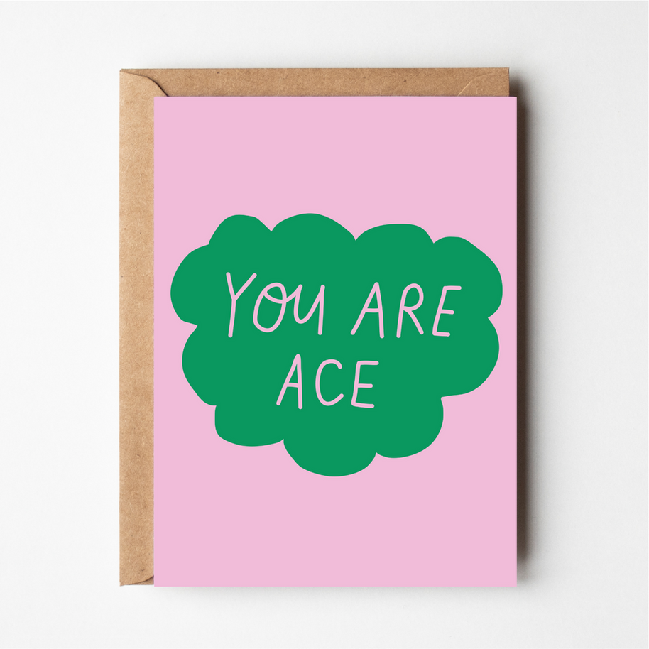 Friends of Henry You Are Ace card with green cloud design on pink background