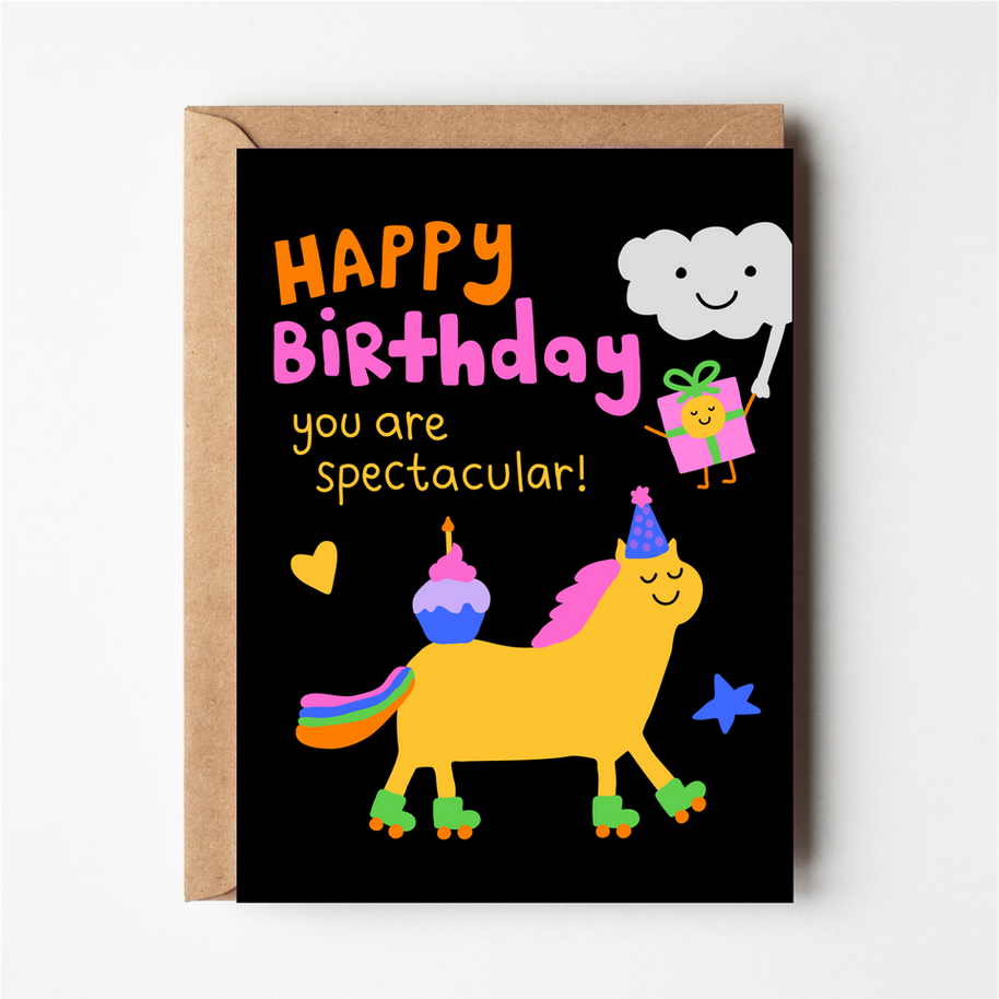 Friends of Henry Happy Birthday You Are Spectacular card with unicorn and cupcake illustration