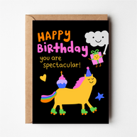 Friends of Henry Happy Birthday You Are Spectacular card with unicorn and cupcake illustration