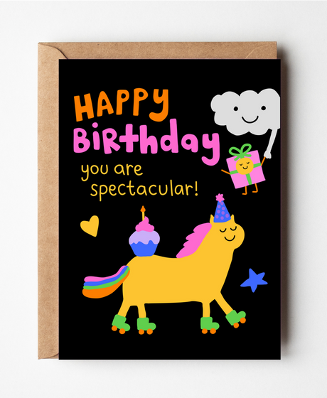 Friends of Henry Happy Birthday You Are Spectacular card with unicorn and cupcake illustration