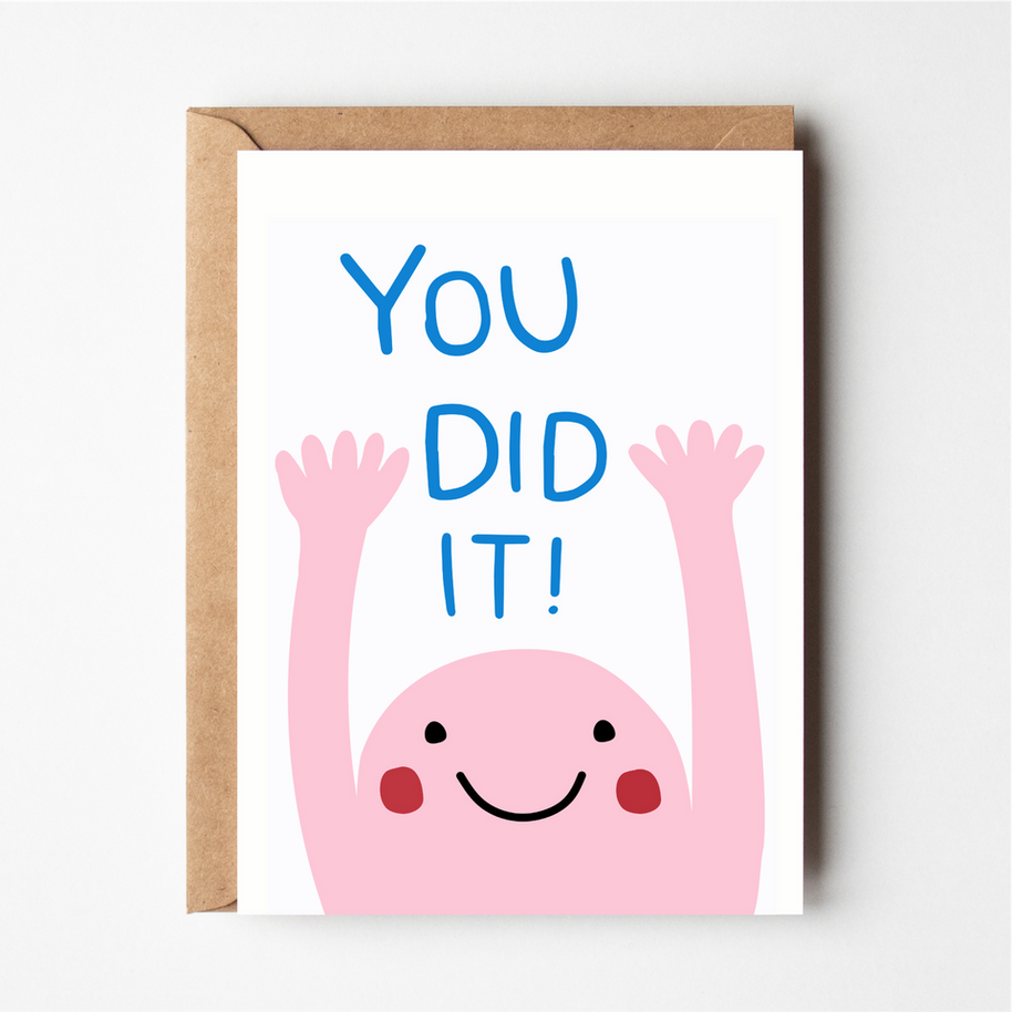 Friends of Henry You Did It card with smiling pink character and blue text