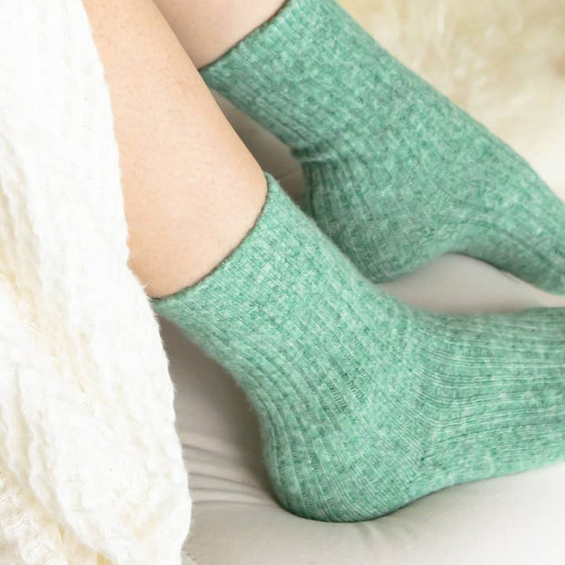 Bed and Butter The Comfiest Socks Turquoise cashmere wool ankle socks worn on feet