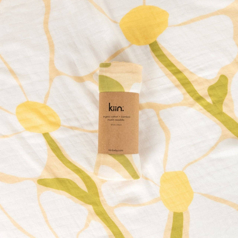Kiin Baby Organic Muslin Swaddle in Fleur Warm Oat