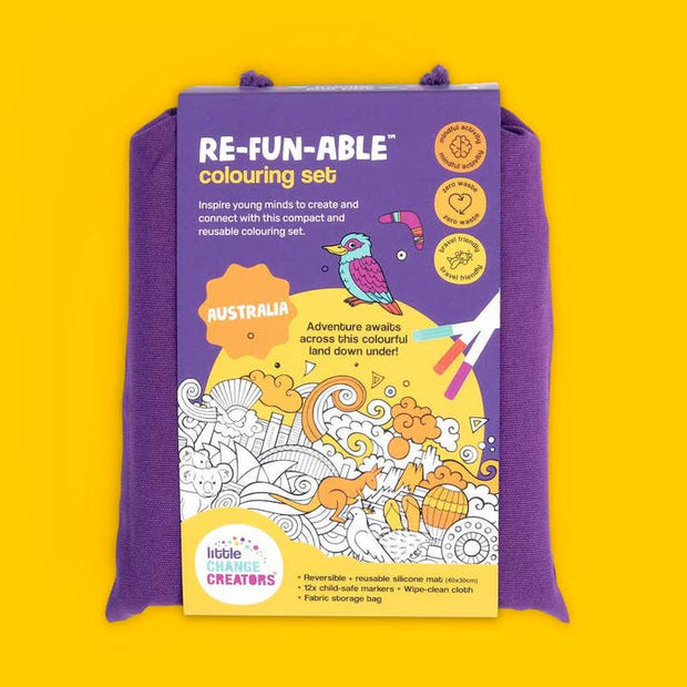 Double-sided washable silicone colouring mat with Australian theme and marker pens