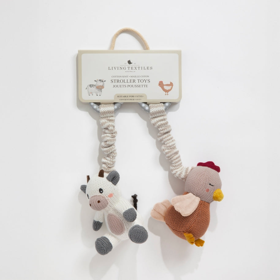 Soft baby stroller toys in cotton knit – 2 pack Cow & Chicken
