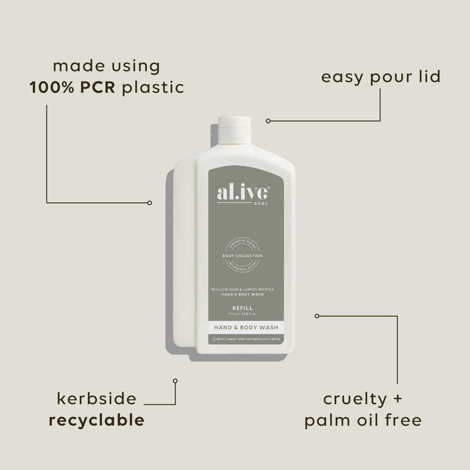 al.ive body sustainable hand wash refill, native lemon myrtle scent