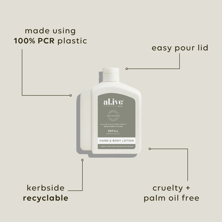 al.ive body vegan lotion refill, native lemon myrtle scent