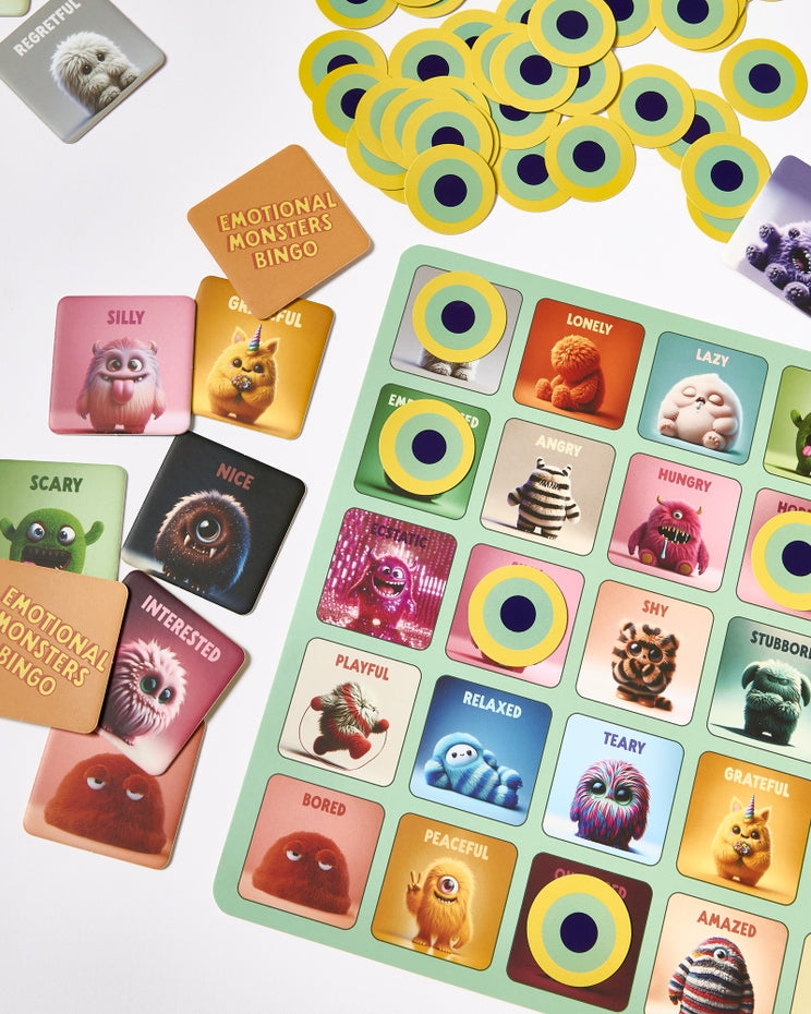 Colourful monster-themed bingo game for kids and adults
