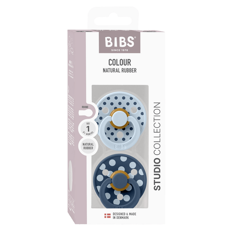 Blue polka dot BIBS pacifier with anti irritation shield