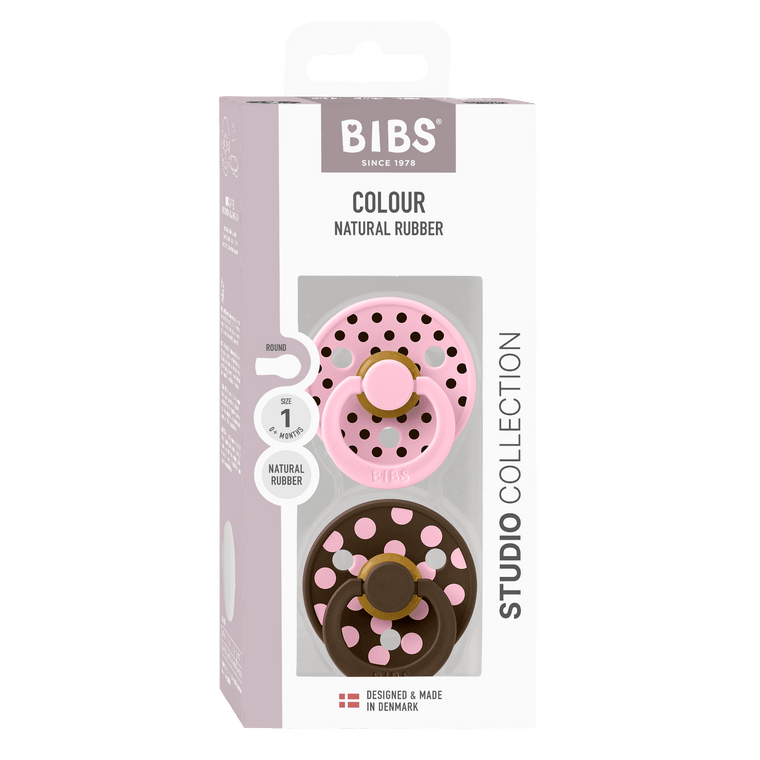 Pink polka dot BIBS pacifier with anti irritation shield