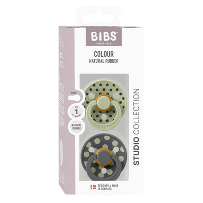Sage and iron polka dot BIBS pacifier with anti irritation shield