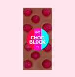 Handmade Belgian milk chocolate block topped with raspberry sweets