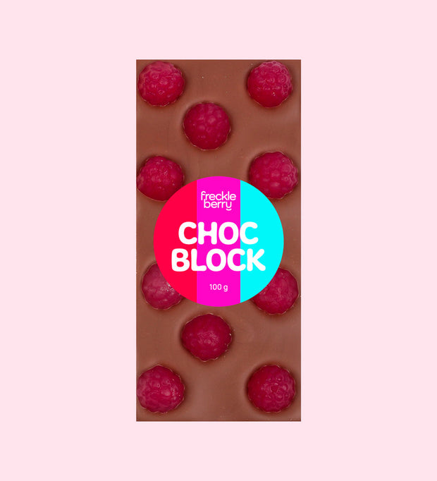 Handmade Belgian milk chocolate block topped with raspberry sweets
