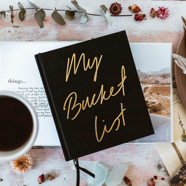 My Bucketlist Journal black cloth cover with gold lettering