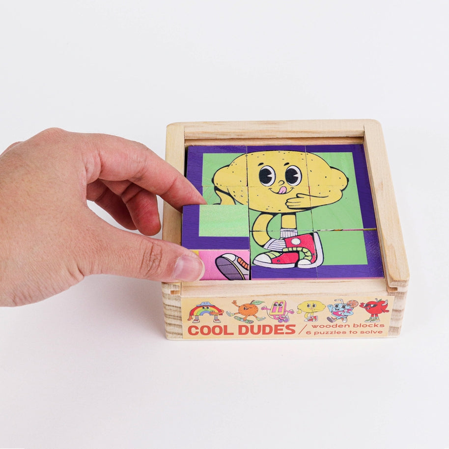 Plastic free wooden block puzzle game with six cool dude character faces for kids