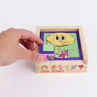 Plastic free wooden block puzzle game with six cool dude character faces for kids