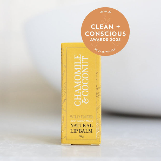 Wild Emery Chamomile & Coconut Natural Lip Balm in cardboard eco-tube