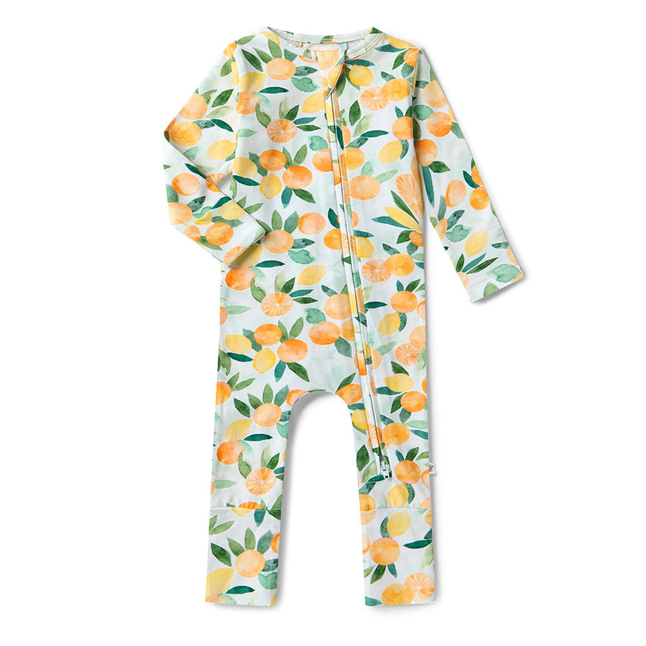 Organic cotton convertible baby romper with citrus print