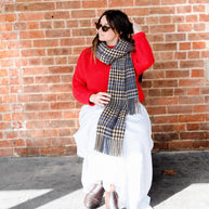 classic check scarf styled in blue and warm brown houndstooth pattern